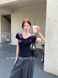 Xixi 13 Lines 2025 Autumn White Standard Temperament Collar Bottom Knitted Short-Sleeved T-Shirt