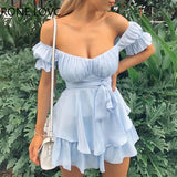 Women Solid Ruffles Hem Strap Short Sleeve Cold Shoulder Mini Dress Summer Mini