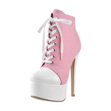 Onlymaker Women's Canvas Platform Lace Up Ankle Boots16cm High Heel Side Zipper Plus Size Fashion Sexy Stiletto