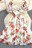 Women Sexy Floral Chiffon Dress Female Elegant V-Neck Short Sleeve High Waist A-Line Beach Vestido Casual Party Robe