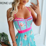 Women Spaghetti Strap Contrast Binding Floral Print Mini Dress Women Summer Dress