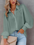 Autumn White Shirt Women Button Up Lantern Sleeve Shirt Ladies Blouse Ruched Loose Shirt For