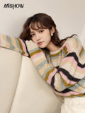 Women's Stripe Multicolour Sweaters 2022 Autumn Winter Loose O Neck Sweet Female Warm Knitted Tops Office Lady
