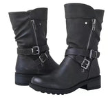 Women's Leather Boots Retro Belt Buckle Mid Calf Boots Round Toe 2022 Water Proof Casual Boots Women Botas De