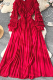Winter Women Ruffle Pleated Long Dress Vintage Round Nec Puff Sleeve High Waist Draped Maxi Vestidos Green/Red/Purple
