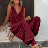 Button Sleeveless Beach Romper Simple Solid Cross-pants Lady Playsuit Women Casual Loose Hooded Jumpsuit Summer