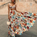 Queens Women Floral Print Two Piece Outfits Ruffles Sleeveless Tops Bohemian Maxi Skirts 2 Pieces Boho