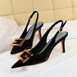 and American Fashion Women's Shoes Fine Heel High Heel Shallow Tip Hollow Metal Quartet Buckle Single