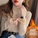 Solid Sweater Women Plus Velvet Knitted Pullovers Korean Fleece Thick Half High Collar Knitwear Basic Elastic Slim