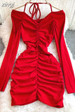 Autumn Black/Red Sexy Halter Draped Sheath Dress Women Elegant V-Neck Long Sleeve Bodycon Party Robe Female New