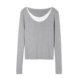 New Autumn Winter Korean Style Knitted Sweater Chic Sexy Women Fake Two Pieces V-Neck Long Sleeve