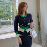 Fashion Color matching knitted Set Womans Suits Cardigan Sweater + Pencil Skirt Set For Women Suit Clothing 2 Piece