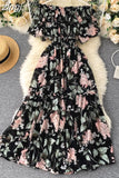 Floral Chiffon Midi Dress Women Sexy Slash Neck Ruffle Short Sleeve A-line Printed Vacation Beach Vestidos Robe