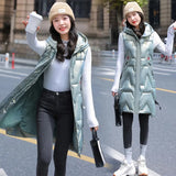 Winter Long Vest Women's Solid Hooded Padded Ladies Casual Sleeveless Waistcoat Jacket Warm Quilted Vest for