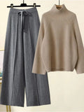 Two Piece Sets Women Winter Korean Casual Turtleneck Knitted Sweater And Wide Leg Knitting Pants Suits Women Homewear