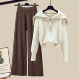 Winter Knit Two Piece Sets Womens Outfits Ladies Casual Sailor Collar Knitted Sweater And Wide Leg Pants Sets Koeran