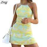 Women’s Summer Casual Suspender Dress Fresh Flower Print Sleeveless Backless Halter Short