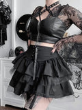 SUCHCUTE Goth Aesthetic Lace Up Mini Skirt For Women Dark Academia Mesh Patchwork A-Line Skirt Punk Style Party Black