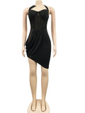 Sexy Mesh Sheer Patchwork irregular Mini Dress Women Halter Backless Bodycon Birthday Clubwear Ruched