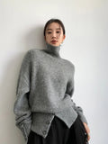 Pullover Sweater Women Irregular Button Design Knitted Sweater Female Korean Fashion Elegant Turtleneck Slit Pullover