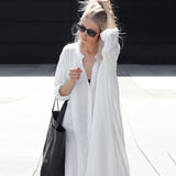 Queens Women White Long Sleeve Beach Loose Bohemian Maxi Sundress Ladies V-neck Boho Shirt