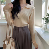 Zingj POLO Collar Apricot Sweater Female Autumn 2023 New Korean Version With Long-Sleeved Sweater Student Jacket