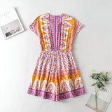 Queens Women Boho Bodysuits Floarl Sleeveless Pockets Loose Rompers Bohemian Linen Cotton Sashes Romper