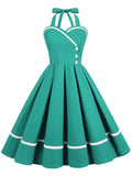 Women Summer Elegant Halter Sexy Party Pleated Dress Pinup Casual Solid Vintage Swing 50s 60s Retro Rockabilly Dresses