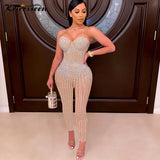 Sexy Rhinestone Mesh Sheer Skinny Long Pant Jumpsuit Women Strap See Through Romper Night Clubwear Fitness