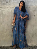 Printed V-neck Batwing Sleeve Side Split Loose Dress For Women Clothes Plus Size Beachwear Maxi Dress
