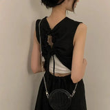 Hollow Out Dress Women Elegant Solid Sleeveless A Line Midi Dresses Summer Korean Drawstring Backless Sundress