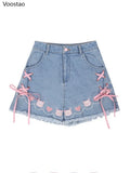 Harajuku Lolita Style Denim Shorts Girly Sweet Cute Cartoon Piggy Embroidery Bow Bandage Short Pants Women Kawaii