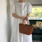 Zingj Chic Summer Elegant Contracted Round Collar Loose Versatile Bubble Sleeve Pressure Fold Closed Waist Design Long Dress-Outfit