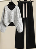 Winter 3 Piece Sets For Women Outfits Korean Casual Basic Top+hollow Out Knitted Sweater+drawstring Pant Sets Women