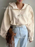 Ladies Plush Hooded Zippered Jacket Embroidery Rock Grain