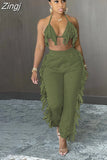 Y2K Tassel Women's Two Piece Sets Summer Halter Backless Crop Top And Pants Matching Sets Solid Slim Casual