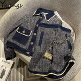 Women Spring Autumn Denim Patchwork Tweed Jacket + High Waist Mini Skirt Set Suit Ladies Slim 2 Piece Set Outfits Matching