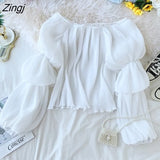 Off Shoulder Pleated Shirts Women Korean Sweet Fluffy Big Puff Sleeve Tops Elegant Vintage Solid Backless Chiffon