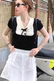 Bow Elegant Contrast Color Ice Silk Knitted Tshirts Korean Short Sleeve Tees Women Y2K Square Collar Camisetas Tops