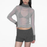 Turtleneck See Through Long Sleeve Top-Outfit