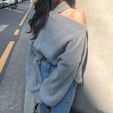 chic temperament Elegant Design thickening Sweater Sexy hollow open one shoulder Turtleneck pullover loose