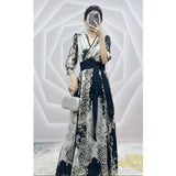Elegant Fashion Vintage Print Waist Lace Up Long Dress Women Sexy V-neck Temperament Dresses Casual Robe Vestidos