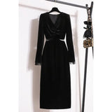 Winter French Vintage Hepburn Velvet Dresses Ladies Elegant Hollow Out Lace Patchwork Sexy Evening Party Dresses