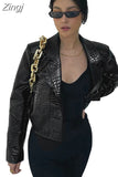 Spring Autumn Short Cool Stylish Shiny Reflective Crocodile Print Patent Pu Leather Jacket Women Runway Fashion