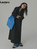 Spring Autumn Extra Long Loose Casual Flowy Black Trench Coat for Women Double Breasted Korean Style Maxi Overcoat