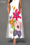 Women Floral Printed Long Dresses Casual Sleeveless Beach Holiday Boho Maxi Dress