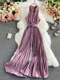 Women's Romper Spring Autumn 2023 Turn-Down Collar Sleeveless Vintage Playsuits Female Off Shoulder Pleated Jumpsuit New