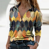 Women Long Sleeve V Neck Geometric Print Blouse Vintage Loose Polo Shirt Y2K Harajuku Oversize Tops Elegant Zip Sweatshirt