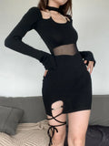 Asymmetrical Fashion Bodycon Halter Neck Black Dress Mini Gothic Lace Up Mesh Spliced Club Sexy Women's Dresses