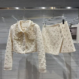 2022 Winter Pearls Embroidered Beadings Short Coat Short Irregular Skirt Two Piece Set Women Outfits